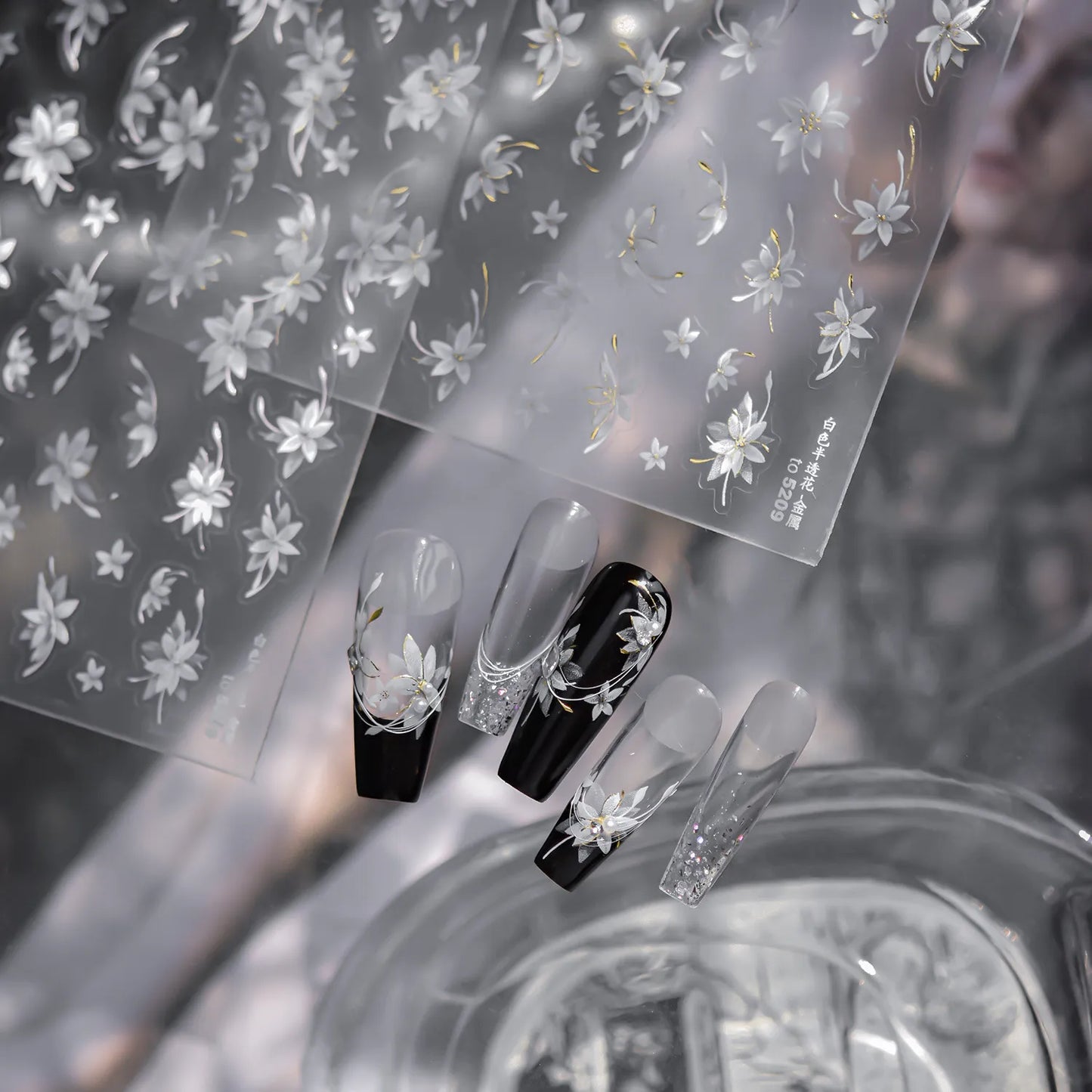 Elegant Sheer Floral Nail Stickers with Metallic Accents