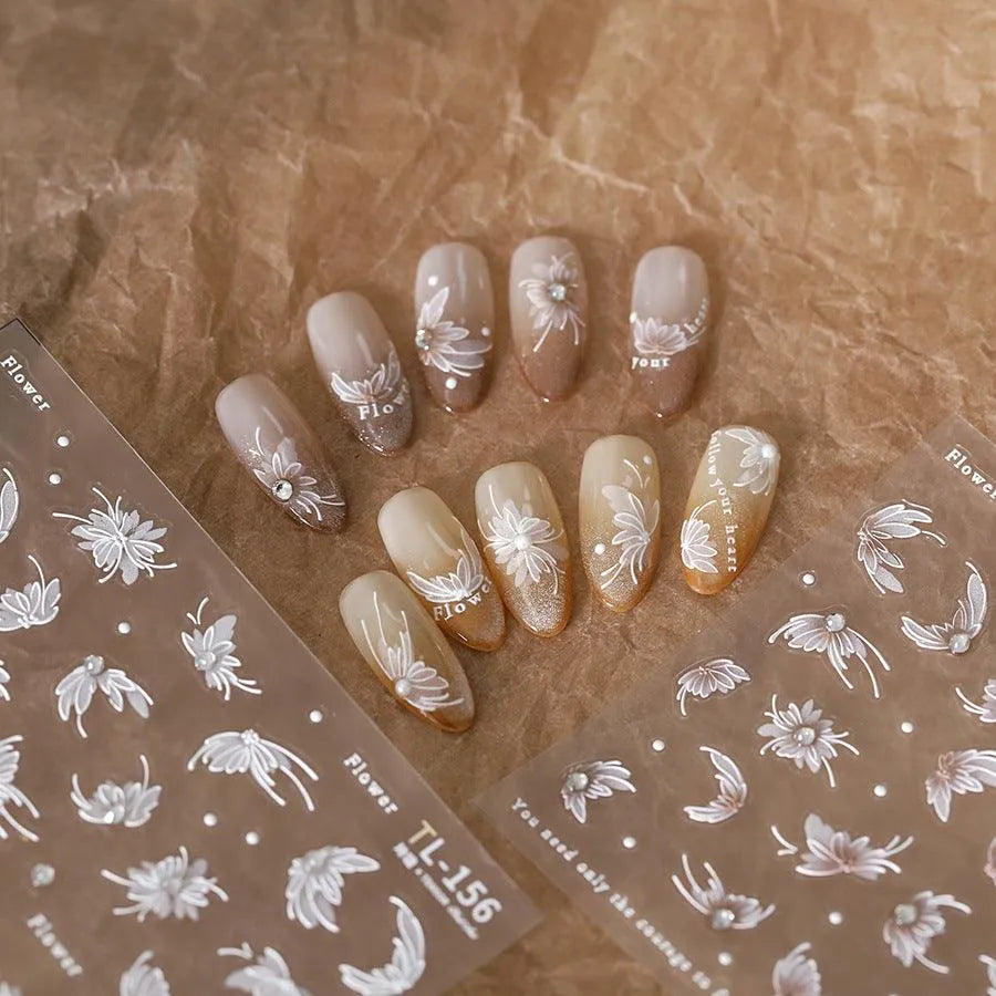 White Lily Nail Art Stickers Adhesive Embossed Lily Flower with Beads Sticker Decals TL154