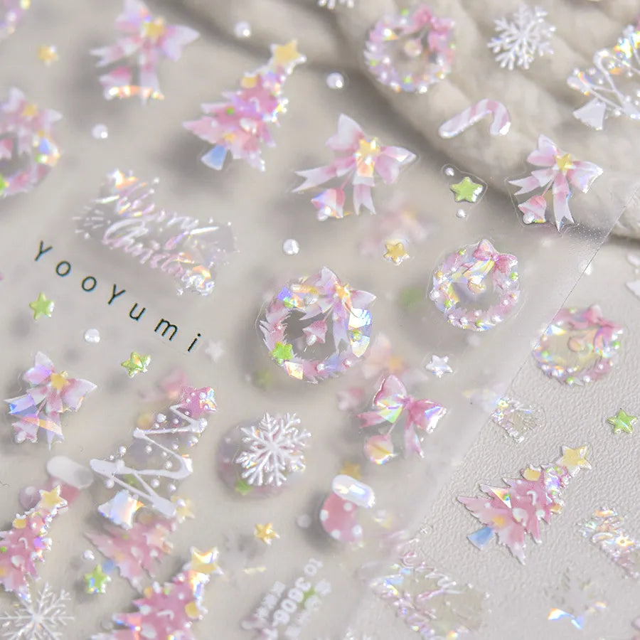 Holographic Christmas Nail Art Stickers - Pink & White Bow Bell Festive Decals to3606