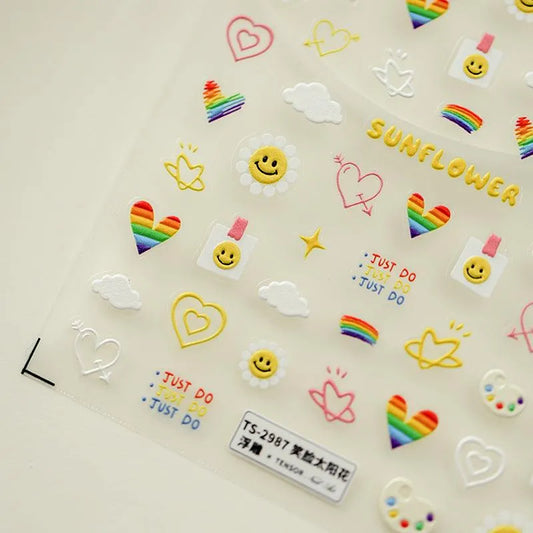 Nail Art Stickers Adhesive Sliders Smile Sunflower Embossed Sticker Decals TS2987