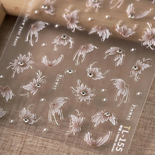 White Lily Nail Art Stickers Adhesive Embossed Lily Flower with Beads Sticker Decals TL154