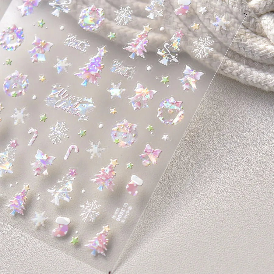 Holographic Christmas Nail Art Stickers - Pink & White Bow Bell Festive Decals to3606
