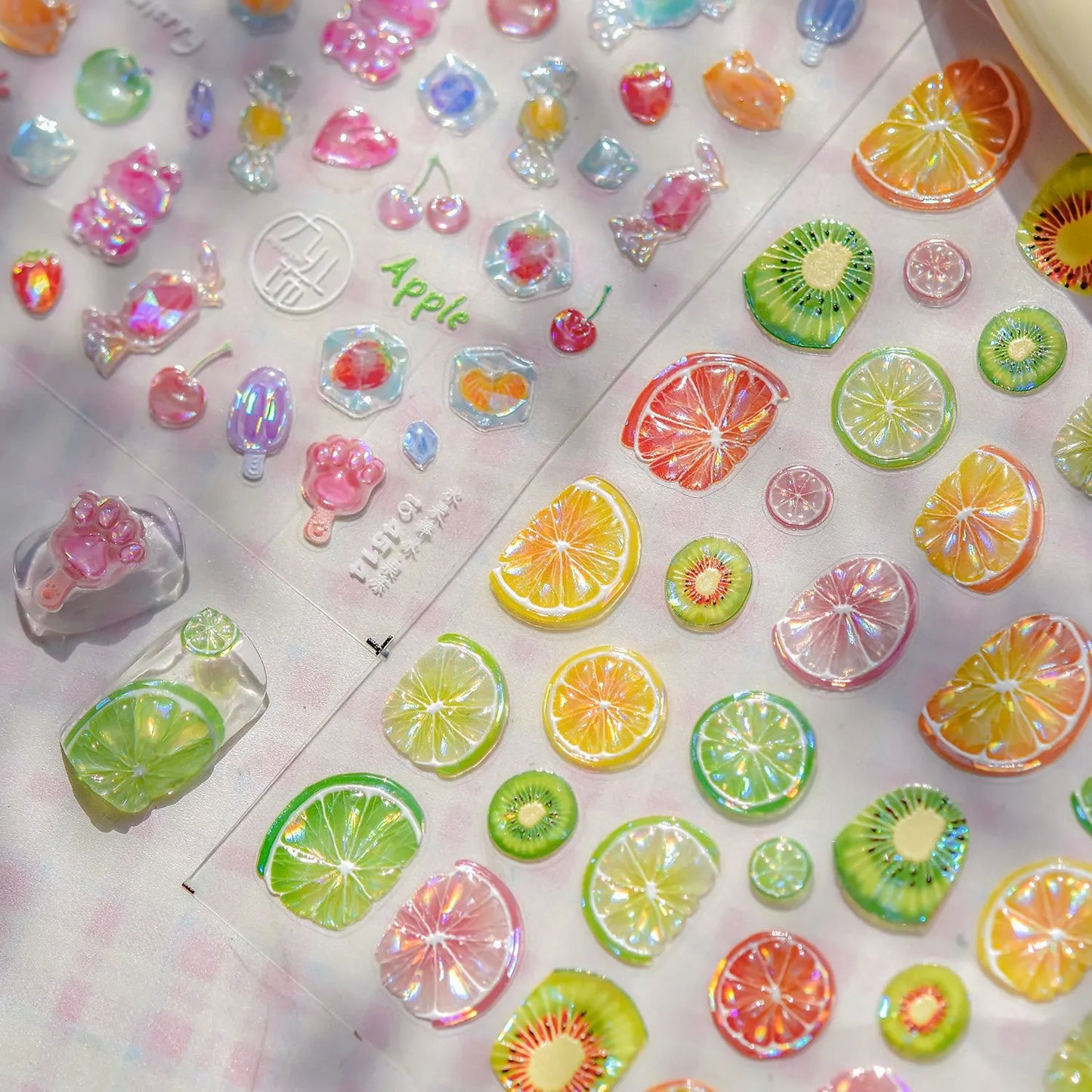 3D Summer Fruit Nail Stickers - Juicy Lemon Orange Embossed Designs Jelly Citrus Slice