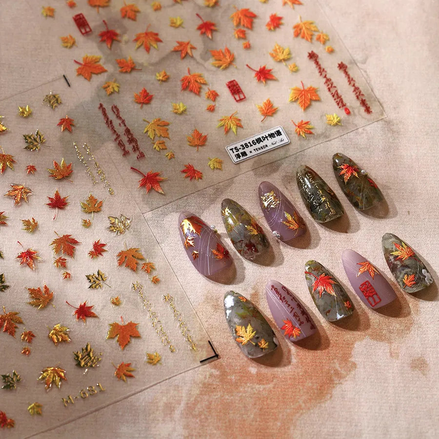 3D Embossed Fall Maple Leaf Nail Stickers - Thanksgiving Nail Art Decals 3816