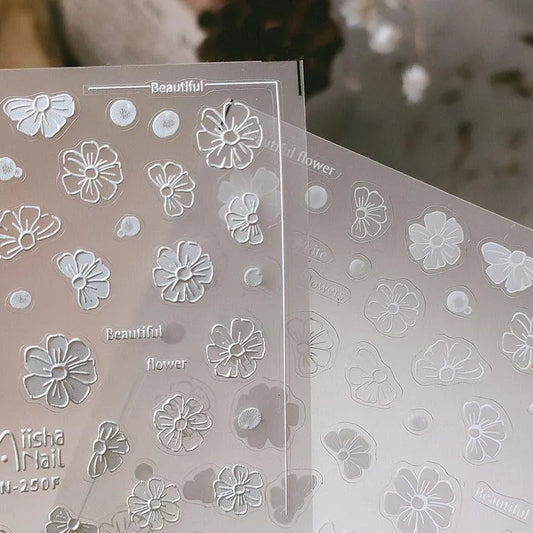 3D Flower Nail Art Stickers Adhesive White Floral Sticker Decals MN249