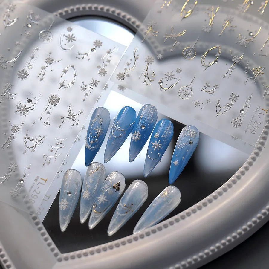 3D Gold Silver Snowflake Nail Decals | Winter Holiday Nail Art Stickers