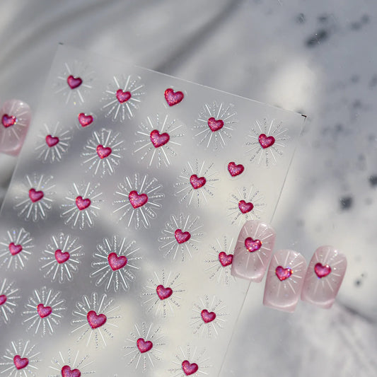 3D Starburst Heart Nail Stickers - Pink Glitter Valentine's Decals 5524