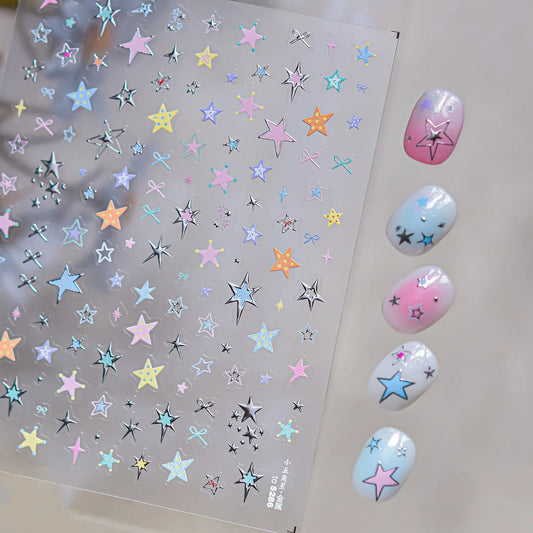 3D Y2K Star Nail Art Stickers - Silver Chrome & Colorful Kawaii Decals