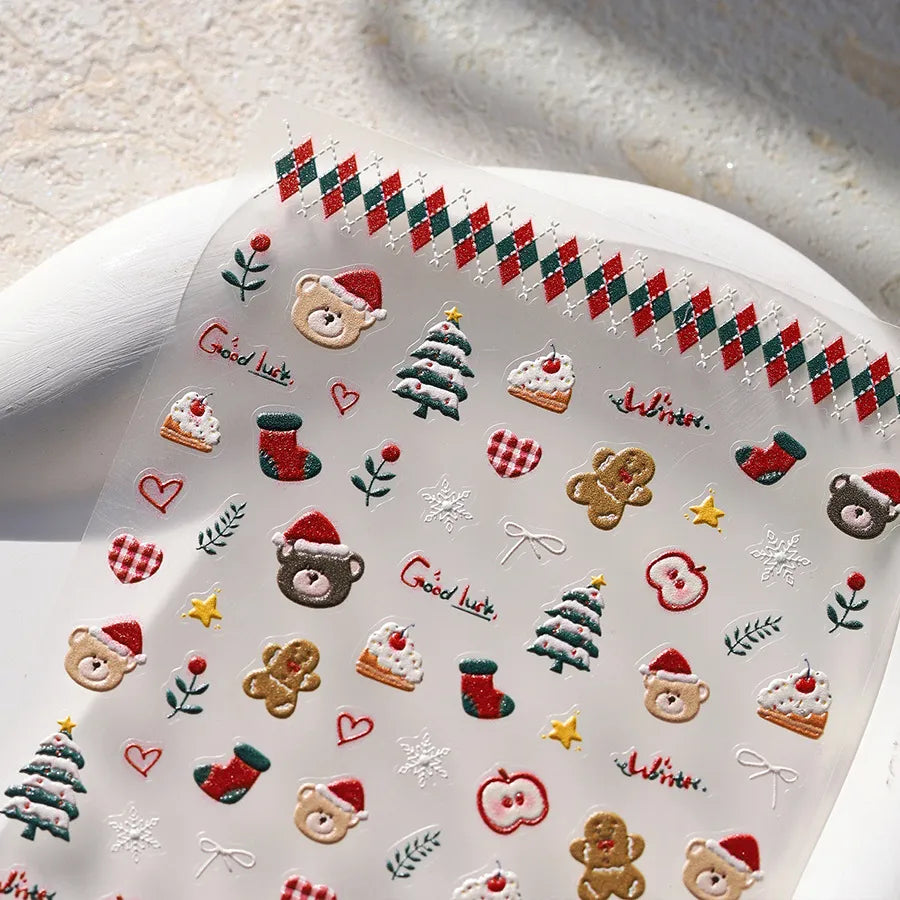 5D Holiday Nail Art Stickers – Christmas Tree, Teddy Bear & Gingerbread Nail Decals