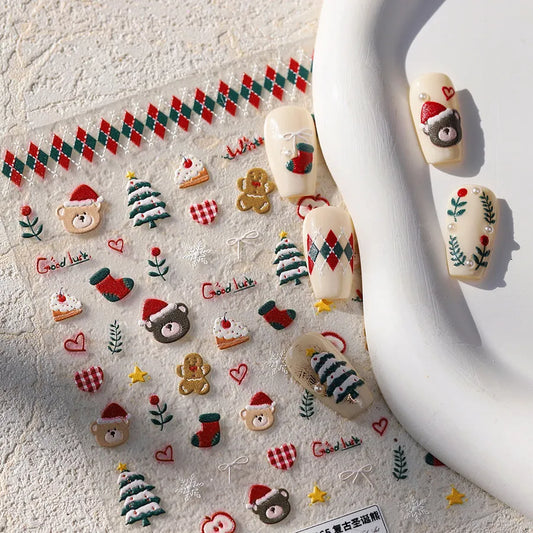 5D Holiday Nail Art Stickers – Christmas Tree, Teddy Bear & Gingerbread Nail Decals