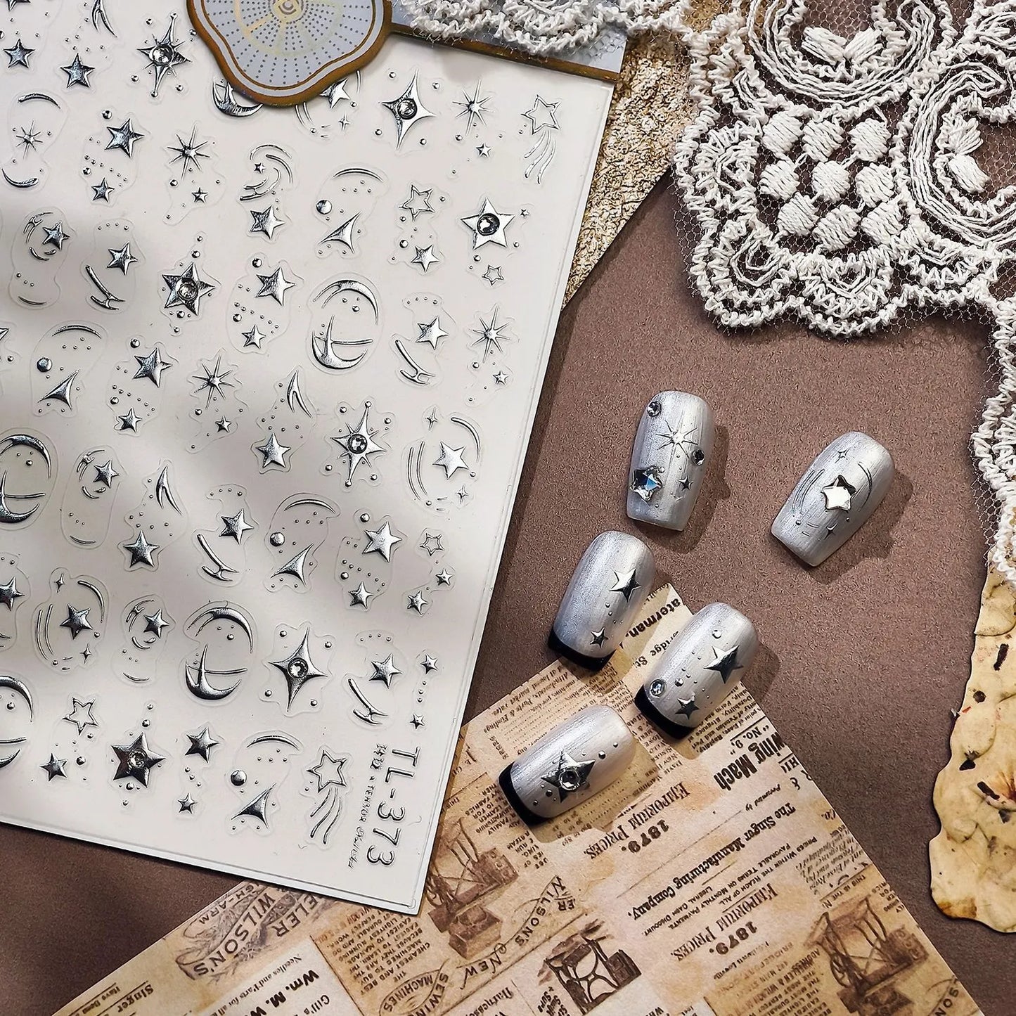 5D Chrome Star & Moon Nail Stickers | Celestial Rhinestone Decals - TL373