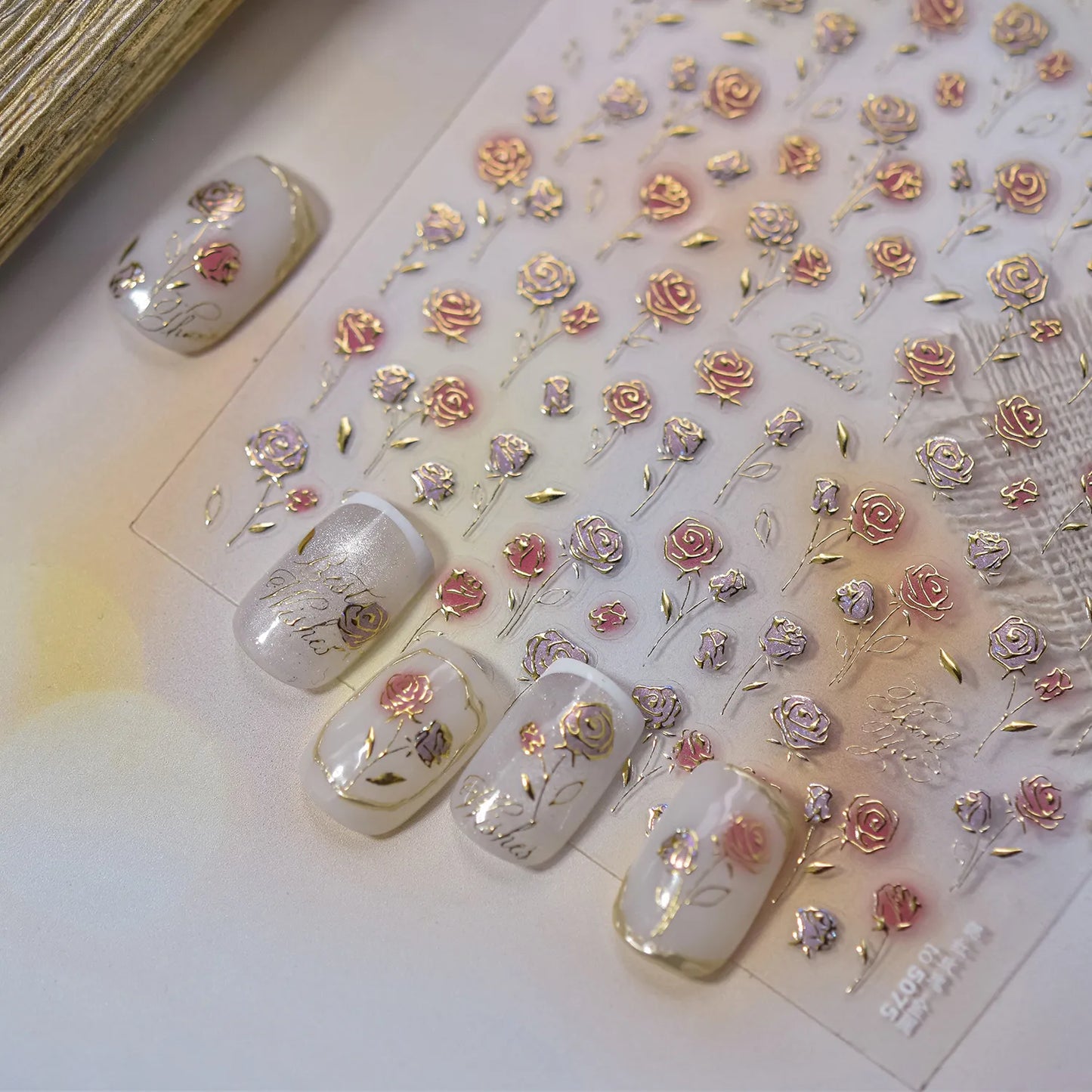 5D Embossed Gold Rose Nail Stickers | Metallic Floral Art