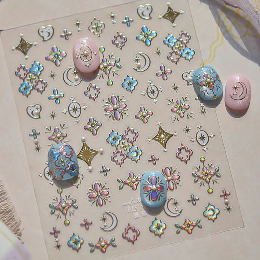 5D Holographic Nail Stickers – Stars, Moons & Floral Medallion Decals MS819