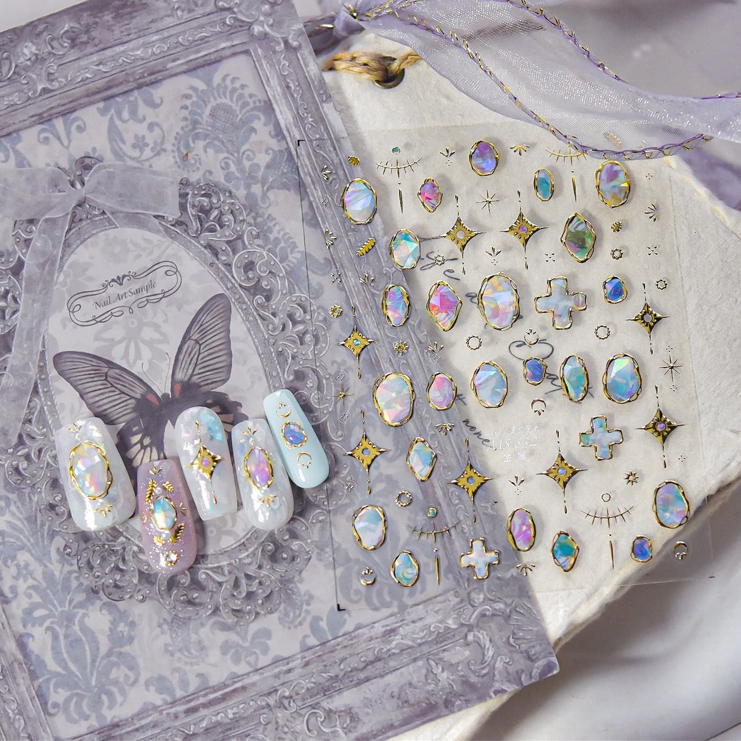 5D Aurora Gem Nail Stickers | Y2K Iridescent Crystal & Gold Silver Chrome Nail Art Decals 832