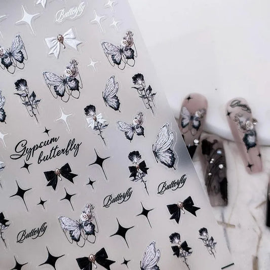 5D Butterfly Nail Art Stickers Black Butterfly Rose Bow Design Adhesive Nail Decals TS2022