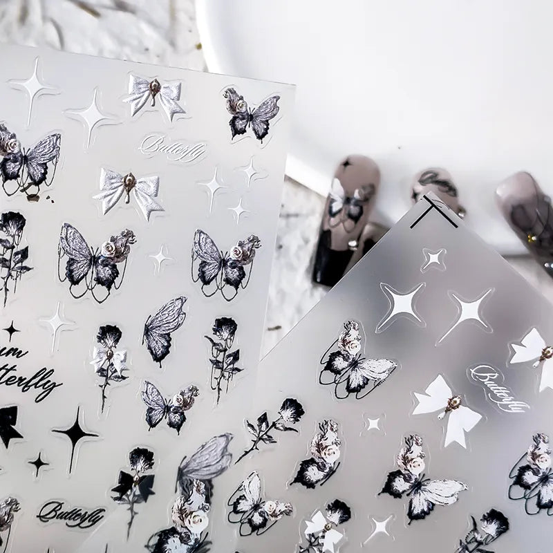5D Butterfly Nail Art Stickers Black Butterfly Rose Bow Design Adhesive Nail Decals TS2022