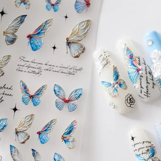 5D Butterfly Nail Art Stickers Blue Butterfly Wings Adhesive Sticker Decals TS2185