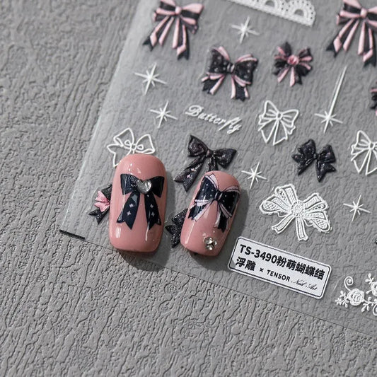 5D Embossed Bow Nail Stickers | Cute Pink & Black Balletcore Nail Art Decals TS3489