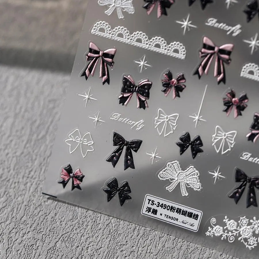 5D Embossed Bow Nail Stickers | Cute Pink & Black Balletcore Nail Art Decals TS3489
