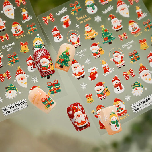 5D Embossed Christmas Santa & Snowman Nail Stickers Decals 4243