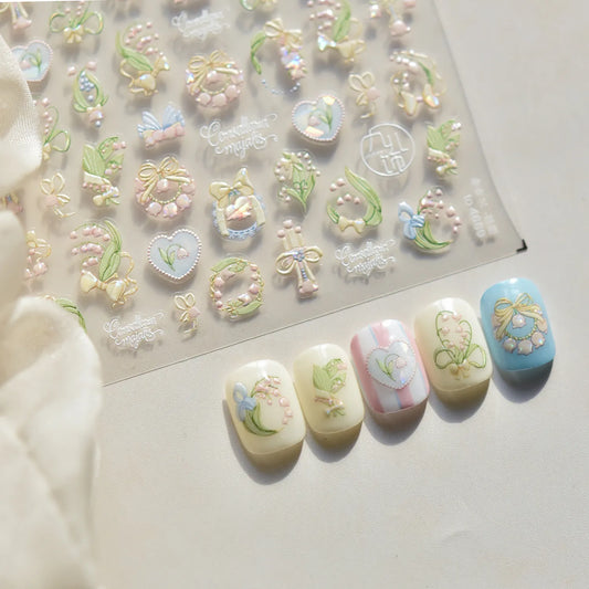 5D Embossed Lily of the Valley Nail Art Stickers | Dainty Bow & Floral Decals