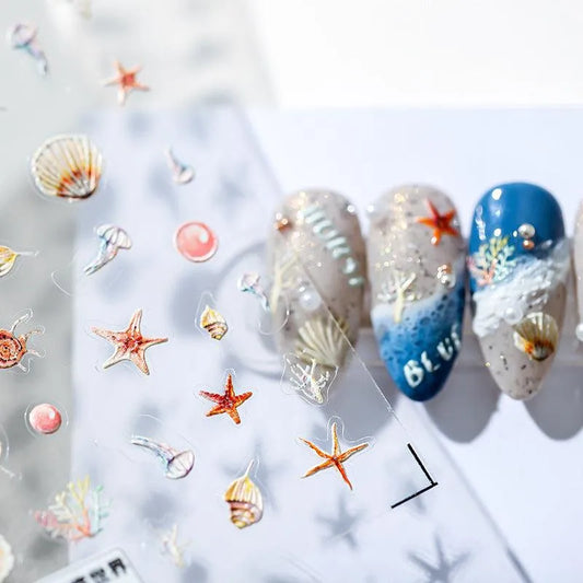 5D Embossed Ocean Nail Stickers Seashell, Starfish & Seahorse Summer Nail Art Decals TS1289