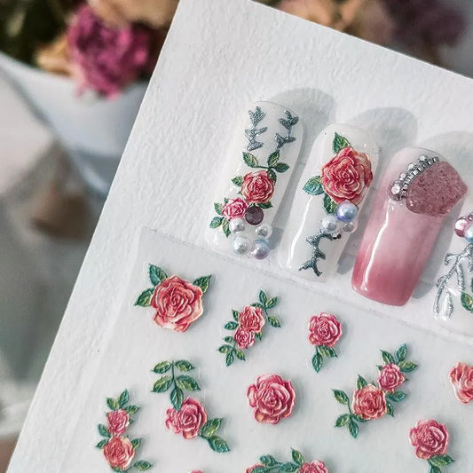 5D Embossed Rose Nail Art Stickers for Elegant Wedding & Romantic Manicures Vintage Floral Sticker Decals TS2614