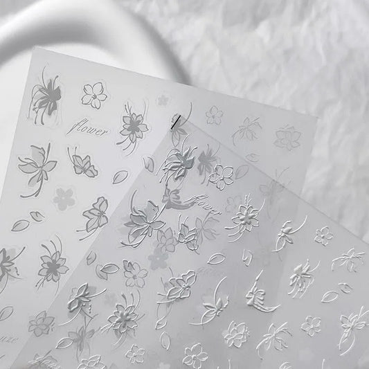 5D Flower With Pearl Nail Art Stickers White Floral Leaf Adhesive Slider Sticker Decals TS3457