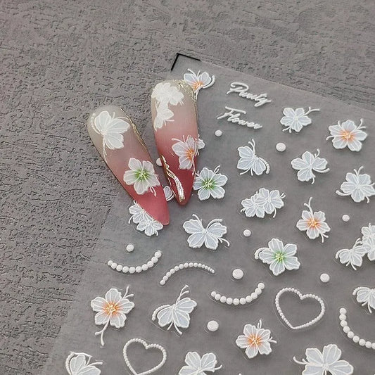5D Flowers Nail Stickers White Flower Beads Adhesive Sticker Nail Decals TS3266