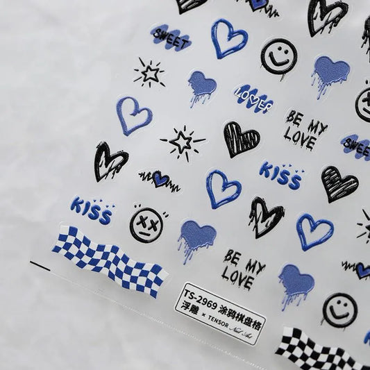 5D Graffiti Nail Stickers Y2K Edgy Heart & Smiley Nail Art Decals TS2968
