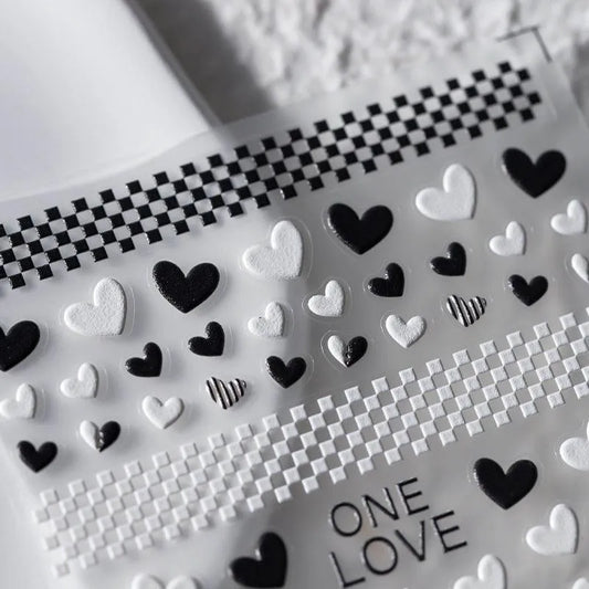 5D Hearts Nail Art Stickers Black White Checkerboard Love Heart Adhesive Sticker Decals TS2059