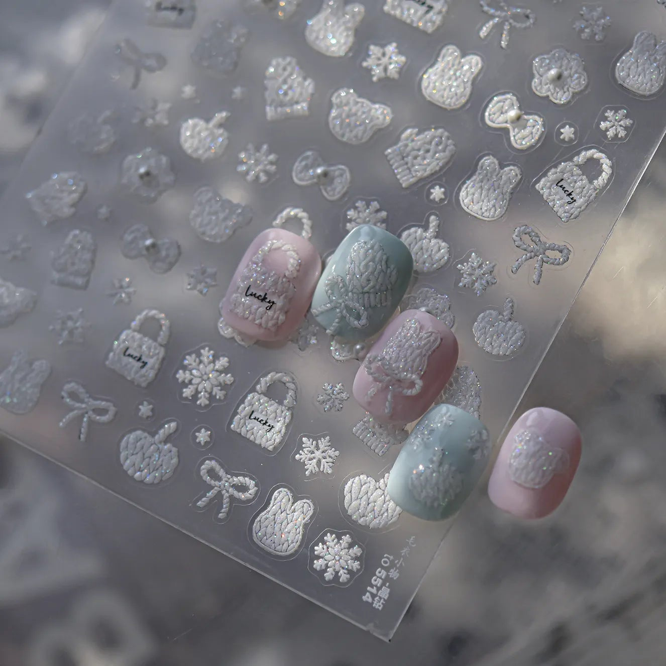 5D Knit Sweater Nail Stickers - Embossed Bear & Snowflakes Decals