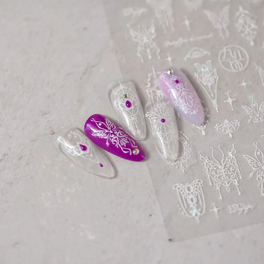 5D Magical Girl Nail Stickers | White Lace Butterfly & Fantasy Filigree Nail Art Decals to3239