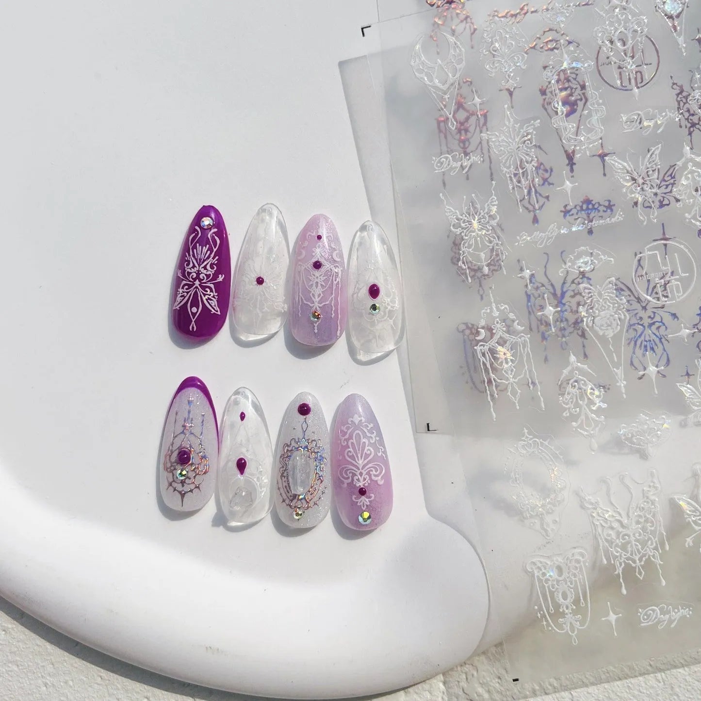5D Magical Girl Nail Stickers | White Lace Butterfly & Fantasy Filigree Nail Art Decals to3239