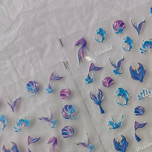 5D Mermaid Tail & Seashell Nail Stickers Iridescent Fishtail Ocean Nail Art Sticker Decals TS2634