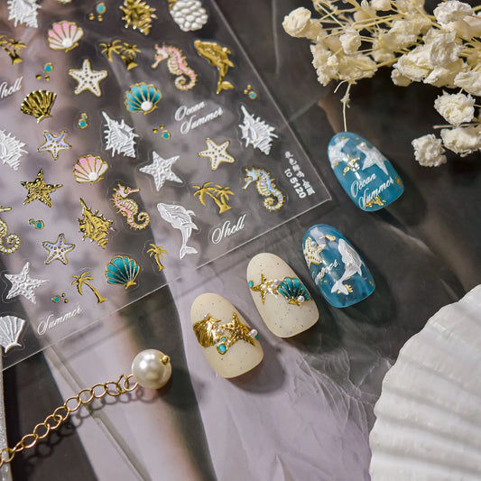 5D Ocean Nail Stickers – Embossed Gold & White Starfish Nail Art Decals