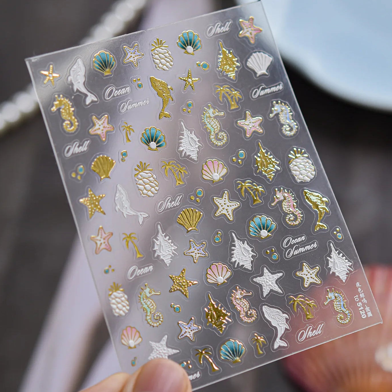5D Ocean Nail Stickers – Embossed Gold & White Starfish Nail Art Decals