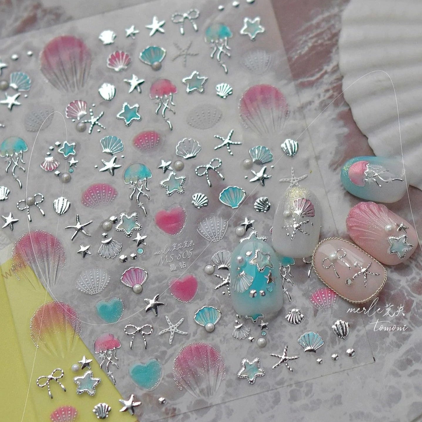 5D Ocean Nail Stickers – Gold & Silver Seashell, Starfish & Jellyfish Nail Art Decals