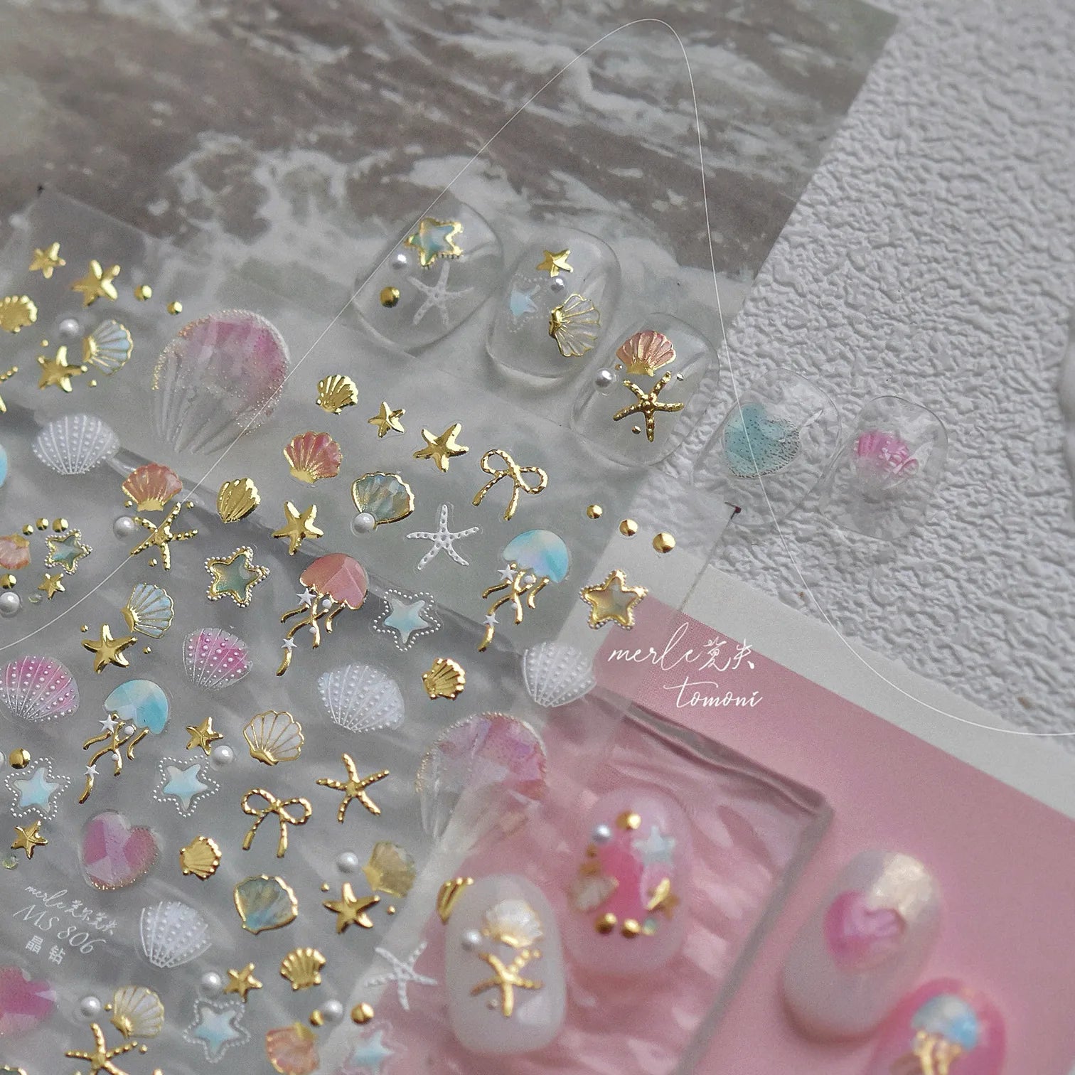 5D Ocean Nail Stickers – Gold & Silver Seashell, Starfish & Jellyfish Nail Art Decals