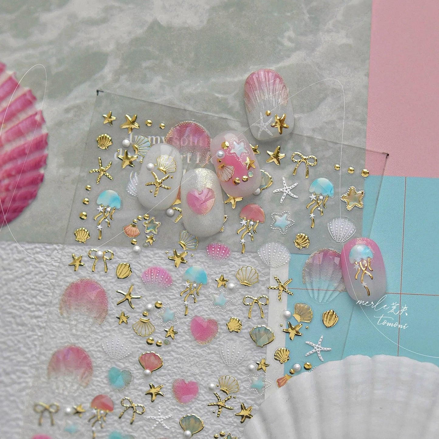 5D Ocean Nail Stickers – Gold & Silver Seashell, Starfish & Jellyfish Nail Art Decals