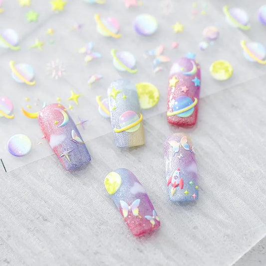 5D Pastel Galaxy Nail Stickers | Cute Iridescent Planet, Star & Butterfly Art Decals TS851