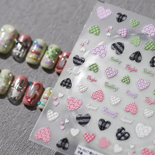 5D Plaid Heart Nail Stickers | Cute Pink & Green Y2K Preppy Nail Art Decals