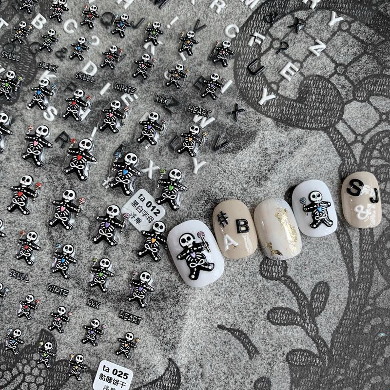 5D Spooky Skeleton Gingerbread Nail Stickers | Cute Goth Halloween Decals