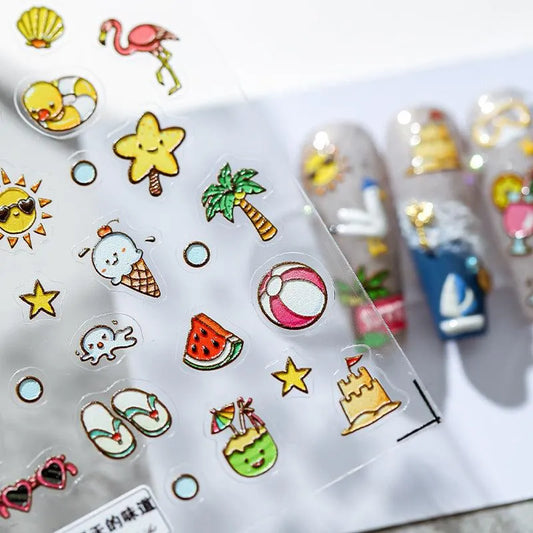 5D Summer Beach Nail Art Stickers Coconut Ice Cream Cold Drink Design Adhesive Sliders Sticker Decals TS1451