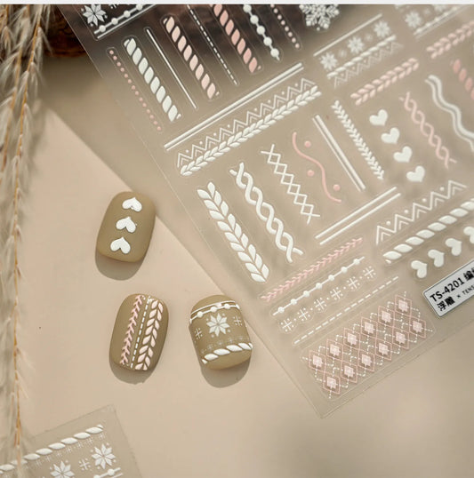 5D Sweater Knit Nail Stickers - Winter Fair Isle & Nordic Nail Art Decals TS4201