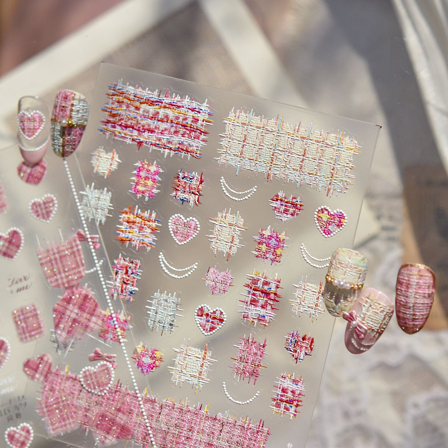 5D Tweed & Pearl Heart Nail Stickers - Pink Red French Tip Decals MS906