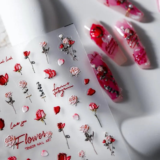 5D Valentine's Day Rose Nail Stickers | Romantic Red & Pink Floral Nail Art Decals TS2061