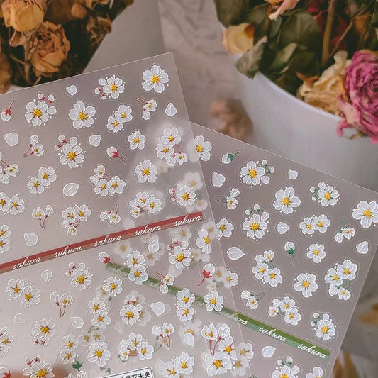 5D White Cherry Blossom Nail Stickers Sakura Spring Floral Nail Art Sticker Decals TS2624