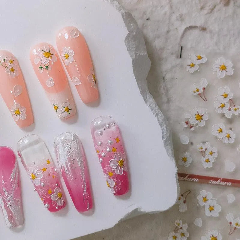 5D White Cherry Blossom Nail Stickers Sakura Spring Floral Nail Art Sticker Decals TS2624