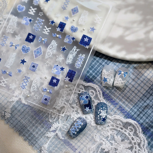 5D Y2K Denim & Lace Nail Stickers | Cute Blue Coquette Bow Nail Art Decals 481